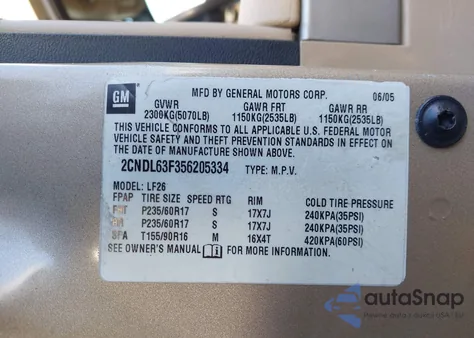 2005 Chevrolet Equinox Lt z USA, uszkodzony, nr VIN 2CNDL63F356205334